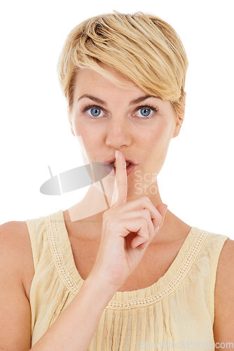 Image of Woman, portrait and finger on lips for secret, gossip or confidential information on a white studio background. Face of female person, model or blonde in silence for quiet, whisper or shush on mockup