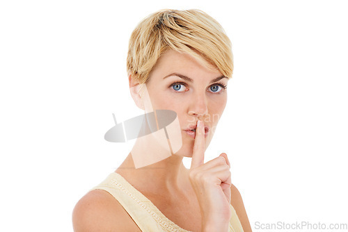 Image of Woman, portrait and secret with finger on lips for gossip or confidential on a white studio background. Face of female person, model or blonde in silence for quiet, whisper or shush on mockup space