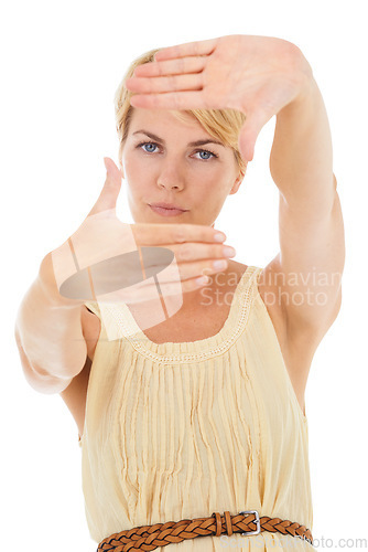 Image of Woman, portrait and hand frame for photography, selfie or picture on a white studio background. Young female person, model or blonde photographer framing face for photo, memory or capture on mockup