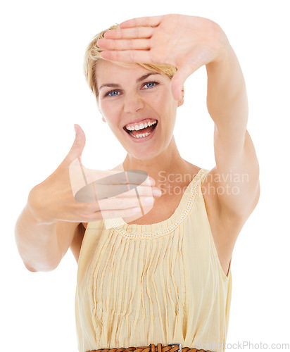 Image of Happy woman, portrait and framing face for photography, selfie or picture on a white studio background. Young female person, model or blonde photographer with hands for photo frame, memory or capture