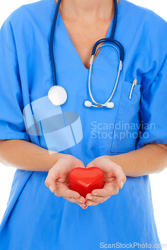 Image of Heart, hands and doctor in cardiology for healthcare, person with charity and support on white background. Cardiovascular health, trust and kindness with love, medical professional in studio and care