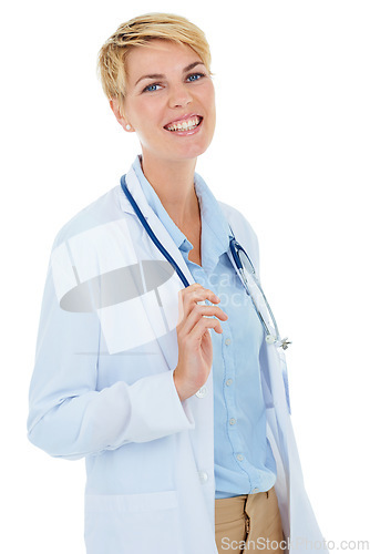 Image of Doctor, woman and smile in portrait for healthcare, confident and happy with medical expert on white background. Cardiovascular specialist, stethoscope and professional in health with pride in studio