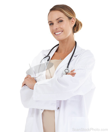 Image of Doctor, happy woman or arms crossed in studio or portrait with confidence in medical career as cardiologist. Pride, coat or medicine consultant with smile or healthcare isolated on white background