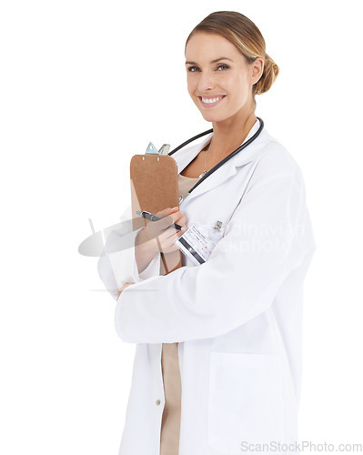 Image of Happy woman, doctor or portrait with checklist in studio for research, assessment or writing of clinic results. Help, white background or healthcare worker with notes, clipboard or smile for services