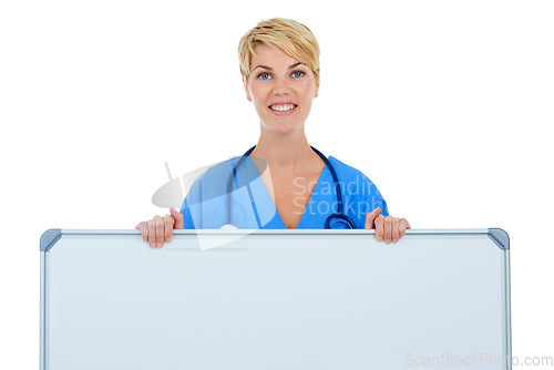 Image of Doctor, woman and portrait, whiteboard for advertising and healthcare info with presentation on white background. Medical professional with announcement, mockup space for ads and smile in studio