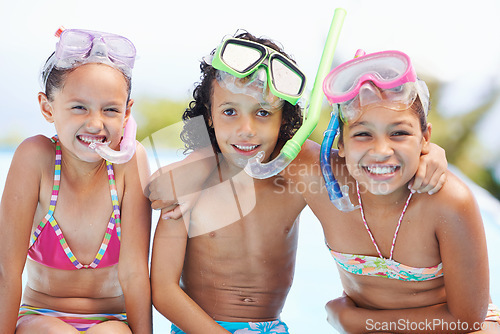 Image of Pool, happy and portrait of children with goggles for swimming lesson, activity or hobby fun. Smile, snorkeling and kids with equipment for skill or tricks in water of outdoor backyard at home.