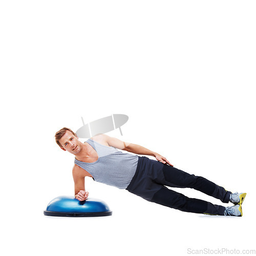 Image of Man, fitness and balance on bosu ball for core training, muscle and workout isolated on white background. Exercise equipment, strength and endurance with mockup space and strong athlete in studio