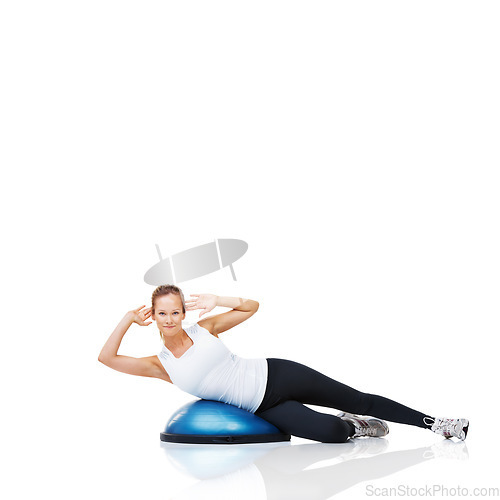 Image of Balance, training and woman with bosu ball in workout, core exercise and wellness on white background. Muscle, strength and power with challenge on mockup space, athlete and fitness tools in studio