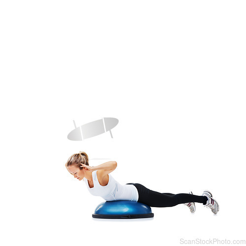 Image of Woman, workout and balance on bosu ball for core training, muscle and fitness isolated on white background. Exercise equipment, strength and endurance with mockup space and strong athlete in studio