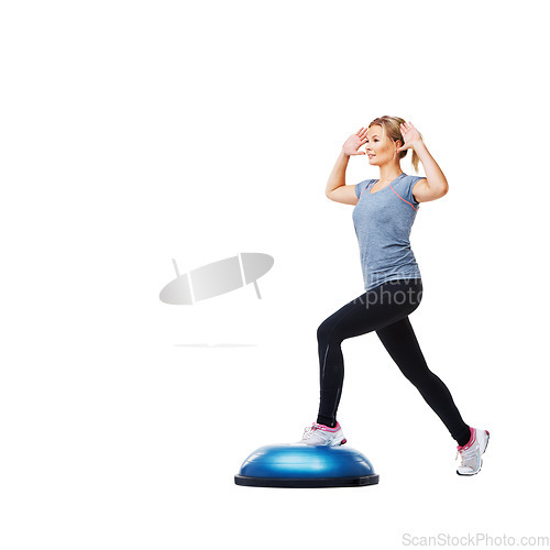 Image of Woman, bosu ball and stepping for exercise, workout or fitness on a white studio background. Young active female person or athlete on half round object in pilates, health and wellness on mockup space