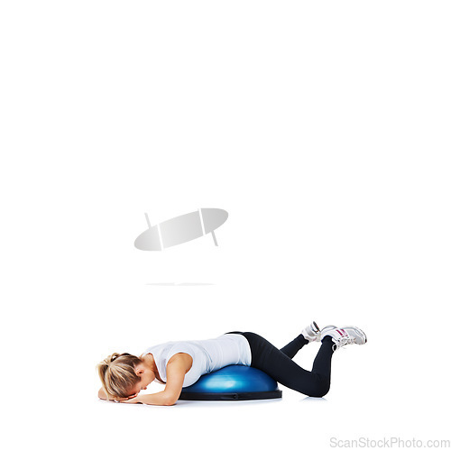 Image of Woman, bosu ball and lying for workout, exercise or fitness on a white studio background. Young active female person or athlete on half round object for training, health and wellness on mockup space