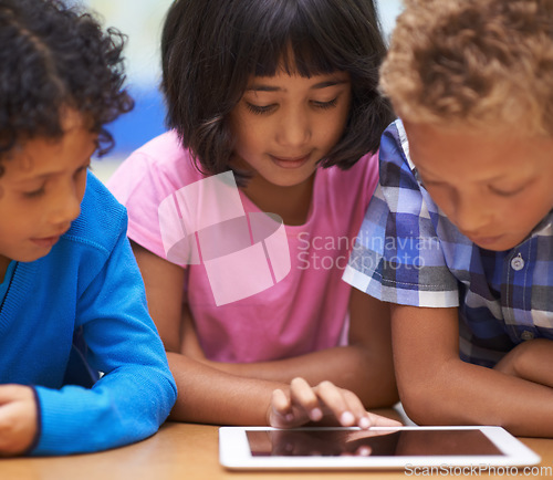 Image of Students, children learning and tablet in classroom for online education, video streaming and information in group. Young kids with digital technology and scroll for knowledge and school development