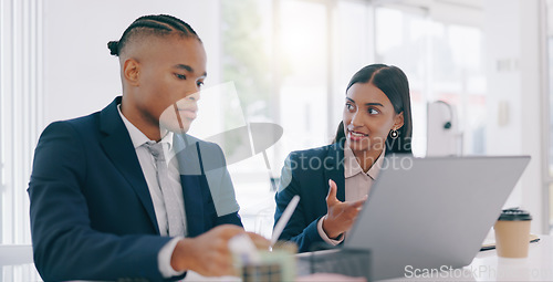 Image of Business people, manager and employees with laptop, conversation and internet with cooperation, company website and speaking. Staff, woman and man with a computer, planning and project with ideas