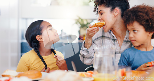 Image of African family, food and mother with children for breakfast, lunch and eating together in home. Happy parent or mom with kids at dinner table for bonding, meal or healthy nutrition or hunger in house