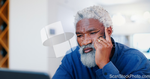 Image of Senior black man, face and thinking for decision, choice or idea on laptop in living room at home. Mature African male person in thought, wonder or contemplating for information on computer at house
