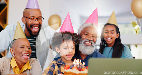 Image of Cake, video call and family at birthday party celebration together at modern house with candles. Happy, laptop and young children with African father and grandparents for sweet dessert at home.