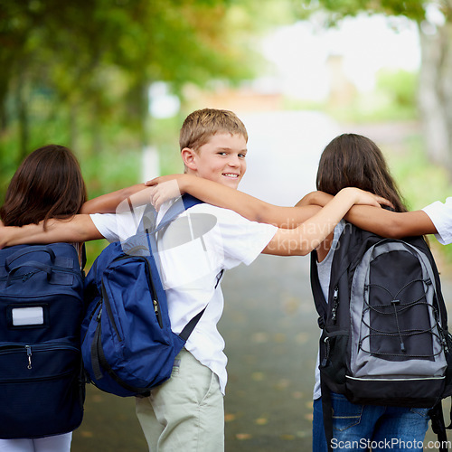 Image of Student, smile and portrait in park with bonding, preparation and wellness with collaboration in city. Boy, face and friends with backpacks, care and happy together for back to school in urban town