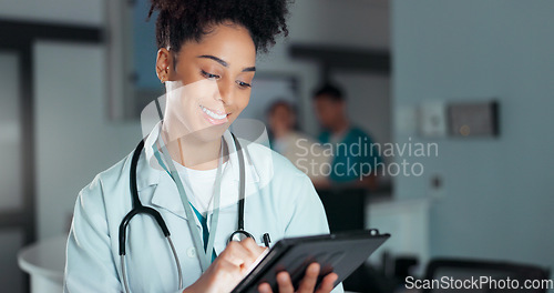 Image of Tablet, healthcare doctor and happy woman typing online research, medicine study and smile for wellness, test exam results. Hospital web info, scroll and nurse reading clinic review, feedback or news