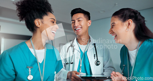 Image of Teamwork, meeting and happy doctors on tablet in hospital for research, diagnosis advice and telehealth. Healthcare, documents and people talking on digital tech for medical service, results and cons