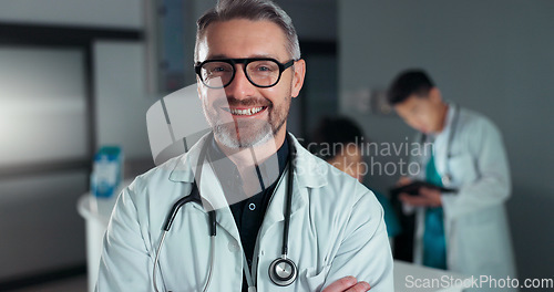 Image of Doctor, hospital or professional man, happy nurse or cardiologist with career smile, cardiology service job or vocation. Medic portrait, work pride or confident clinic worker for health care wellness