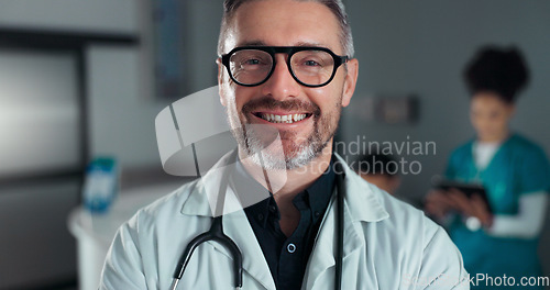 Image of Doctor, hospital or professional man, happy nurse or cardiologist with career smile, cardiology service job or vocation. Medic portrait, work pride or confident clinic worker for health care wellness