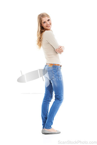 Image of Woman, portrait and arms crossed or happy in studio with empowerment, positive mindset or confidence. Model, person and smile with casual outfit, trendy clothes or mock up space on white background