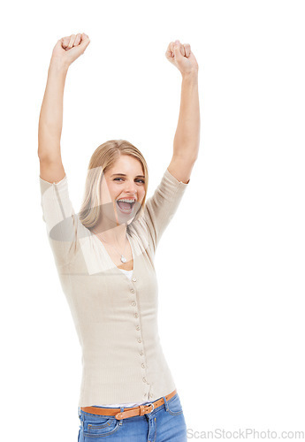 Image of Woman, excited and celebration with portrait in studio for winner or success notification on mock up space. Person, happy and arms raised for achievement, promotion or bonus sale on white background