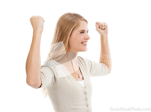 Image of Woman, happy and celebration with hands in studio for winner, success notification or lottery champion. Person, excited and arms raised for achievement, promotion or bonus sale on white background