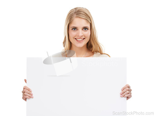 Image of Portrait, woman and smile with blank poster, promotion and opportunity isolated on a white studio background. Face, person and model with mockup space, announcement and billboard with information