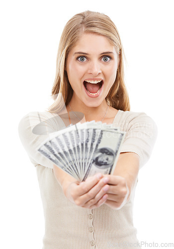 Image of Excited, woman and portrait with money fan and finance, prize or reward with achievement or success on white background. Winner with cash, dollars and financial freedom, bonus or salary in studio