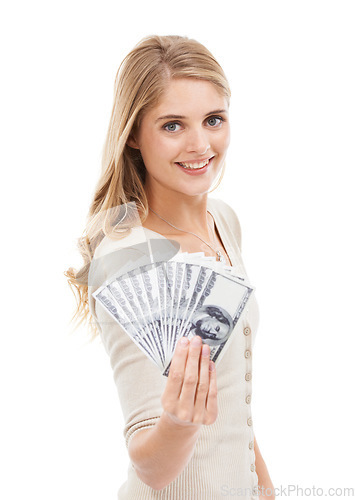 Image of Portrait, woman and money fan in studio for giveaway, gambling and financial freedom on white background. Happy winner, bills and wealthy prize for lottery bonus, cashback savings and finance reward