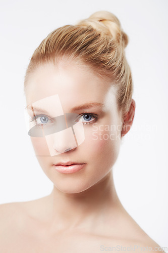 Image of Portrait of woman, serious face or skincare for wellness with cosmetics, aesthetic or healthy glow. Facial dermatology, studio or confident model with pride or beauty results on white background