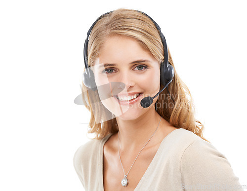 Image of Woman, portrait and smile in studio for customer service, CRM questions and help at IT call center on white background. Happy telemarketing agent, consultant and microphone for FAQ, advice or contact