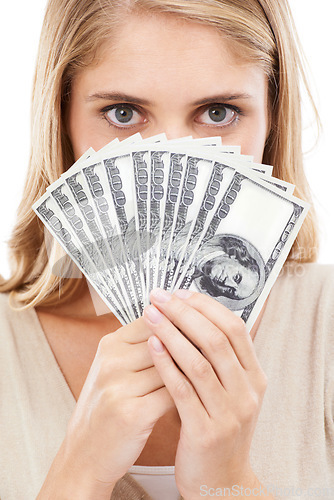 Image of Face, woman and money fan for finance, prize or reward with achievement or success on white background. Winner with cash in hands, eyes and dollar bills for financial freedom with bonus in studio