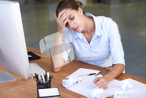 Image of Documents, headache and business woman tired, overworked or stress over office mistake, disaster or bad financial results. Paperwork, frustrated and administration agent overwhelmed with bank problem