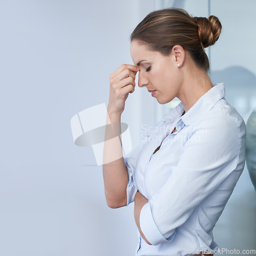 Image of Depression, headache and business woman overworked, tired or stress over company mistake, disaster or crisis. Fatigue, frustrated and administration agent overwhelmed with anxiety, burnout or problem