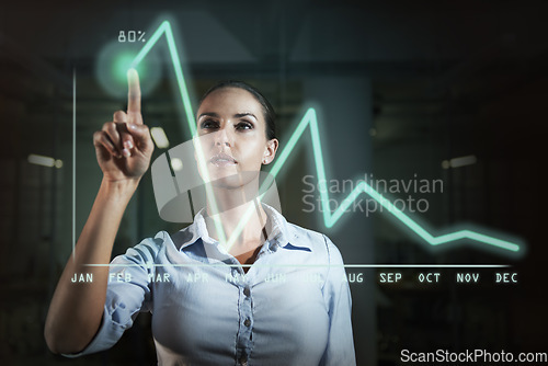 Image of Business woman, graph and finance with overlay, calendar and thinking with investment, growth or revenue. Person, stock market or economy with point at holographic chart for data analysis in night