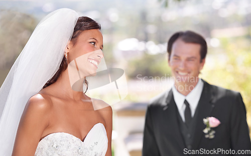 Image of Couple, smile and love on wedding day in outdoors, together and excited for marriage and commitment. Happy couple, romance and union at outside ceremony, loyalty and pride for fashion and partnership