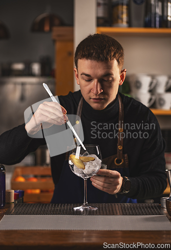Image of Young man bartender works
