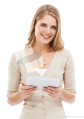 Image of Woman, portrait and tablet in studio with social networking, online blog and app with white background. News, smile and digital scroll with information for web search, media and internet article