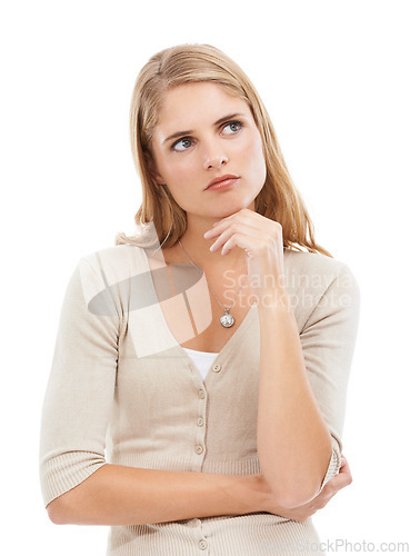 Image of Woman, ideas and thinking in studio for choice of insight, planning future decision and daydream on white background. Curious model brainstorming solution, remember memory and options of questions