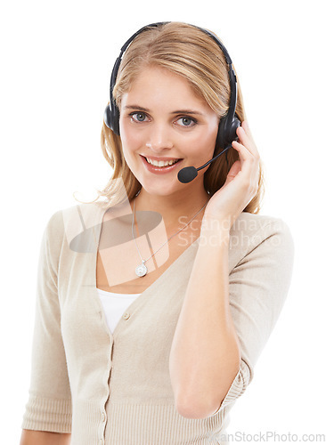 Image of Call center, woman and portrait in studio for customer service, CRM questions or sales support on white background. Happy telemarketing agent, consultant and microphone for communication, FAQ or help