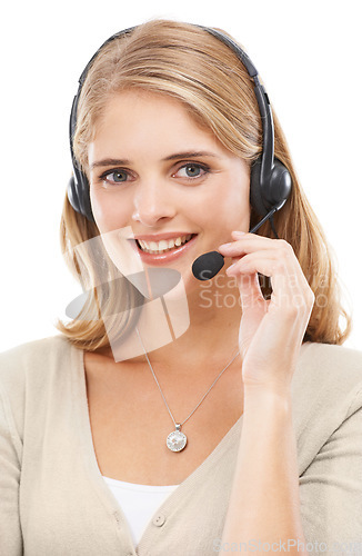 Image of Woman, call center and portrait in studio with smile for customer support, CRM questions or IT help on white background. Telemarketing agent, happy consultant or microphone for FAQ, advice or contact