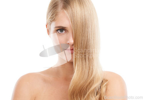 Image of Woman, hair and beauty with shine, cosmetics for healthy skin glow with volume or growth on white background. Self care, model with haircare and dermatology for skincare in portrait in studio