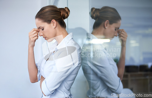 Image of Depression, headache and professional woman sad, tired and stress over company mistake, disaster or fail. Mental health risk, window reflection and administration worker overwhelmed with anxiety