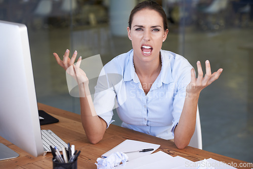 Image of Angry, portrait and business woman frustrated with accounting mistake, audit disaster or bad financial results. Finance paperwork, facial expression and bank accountant annoyed with account problem