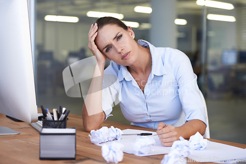 Image of Documents, portrait and business woman annoyed with accounting mistake, audit fail or bad financial results. Finance paperwork, bankruptcy and moody accountant frustrated with tax compliance problem