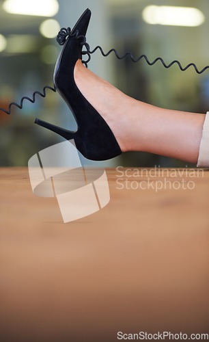 Image of Woman, relax and show on desk with telephone wire in office with confidence or pride. Phone call, technology cord and cable on high heel or foot of person with communication or landline contact
