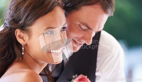 Image of Couple, smile and love on wedding ceremony in outdoors, together and excited for marriage and commitment. Happy couple, romance and union at celebration, loyalty and pride for fashion and partnership