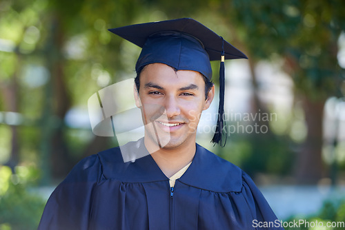 Image of Graduation, portrait and man with smile to celebrate success, education and college scholarship outdoor. Happy university graduate, certified student and pride for achievement of award for knowledge